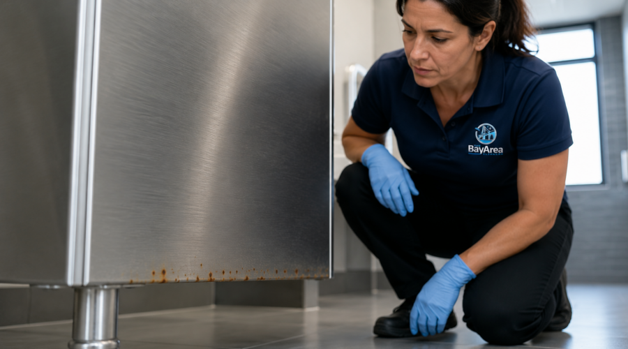 Professional cleaning technician showing how to mop laminate floors using a wide microfiber mop in a commercial office hallway.