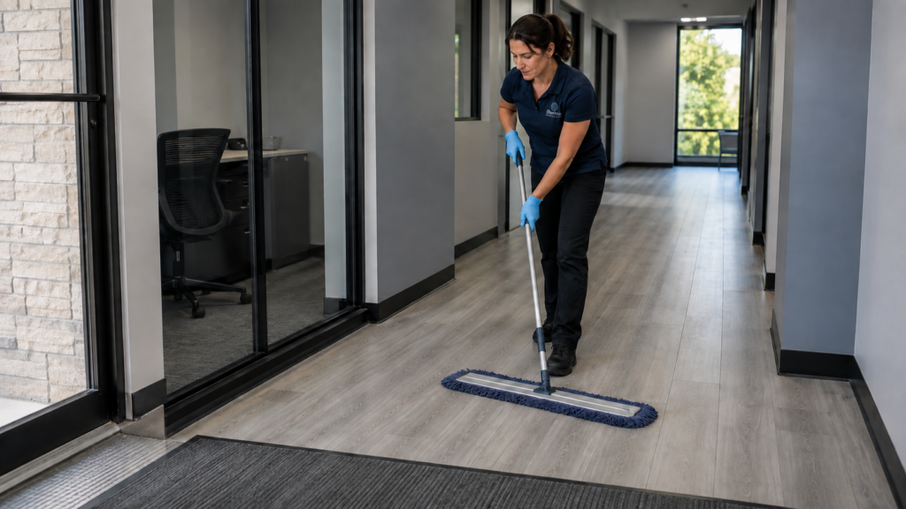 How to Clean Laminate Floors Without Warping the Seams 1 Professional cleaner demonstrating how to mop laminate floors with a microfiber mop in a modern commercial office hallway.
