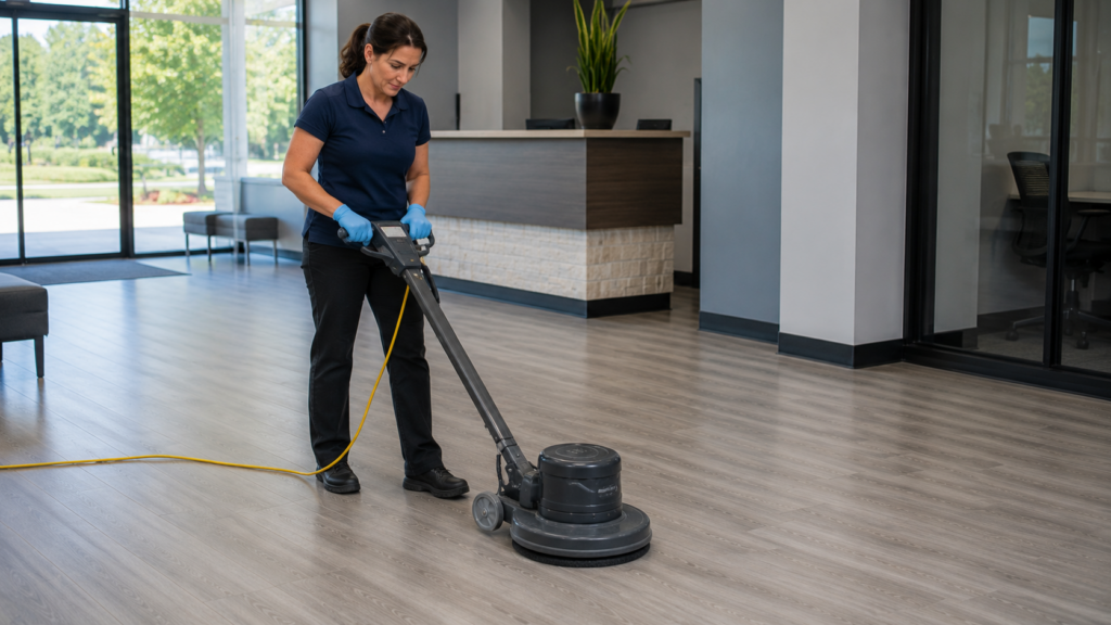 How to Clean Laminate Floors Without Warping the Seams 2 Female cleaning technician using a low-moisture floor machine on laminate flooring, demonstrating how to clean laminate floors safely without leaving standing water.