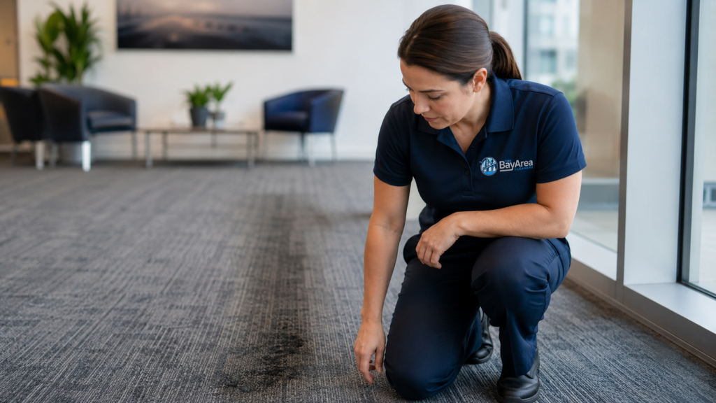 How to Clean Carpet: Methods, Costs and When to Call a Pro 2 Professional cleaner inspecting a dark traffic lane on commercial carpet in a modern office lobby