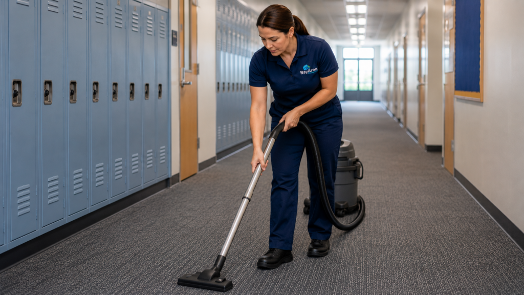 How to Clean Carpet: Methods, Costs and When to Call a Pro 1 Professional cleaner vacuuming commercial carpet in a school hallway with lockers