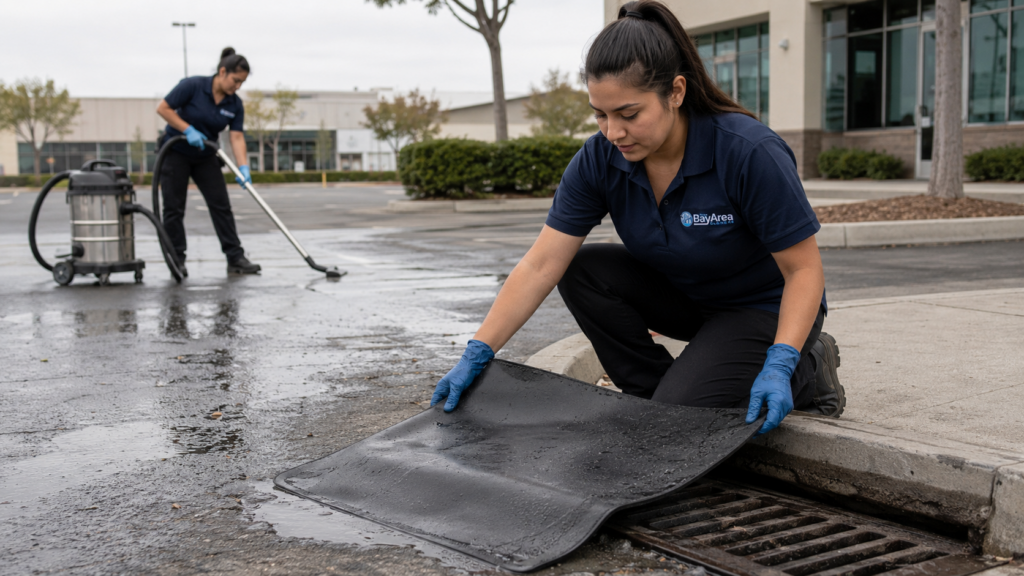 Commercial Pressure Washing Cost: The 7 Factors That Matter 2 Female commercial cleaning technician covering a storm drain while wash water is recovered with an industrial wet vacuum.