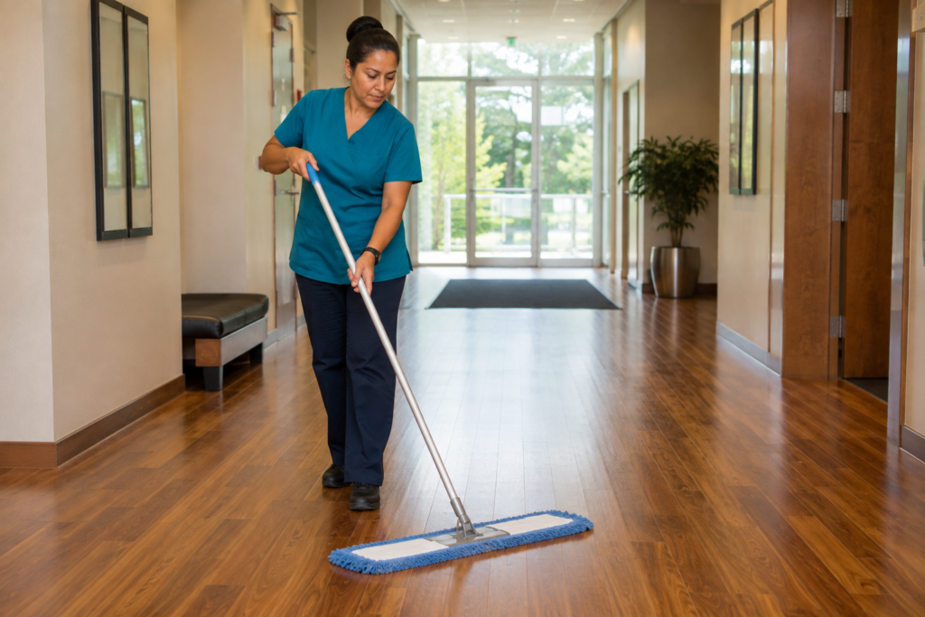 Professional cleaner dust mopping a hardwood floor in a commercial office hallway