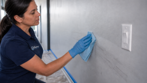 How to Clean Walls: The Paint Finish Decides Everything 1 cleaning walls before painting around a light switch in a commercial building