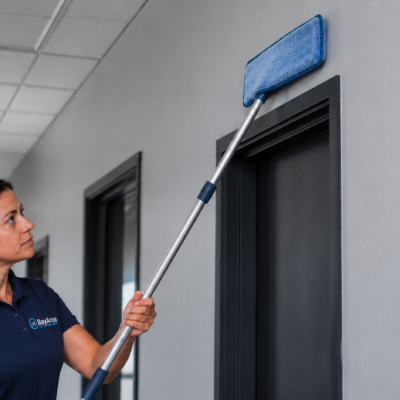 dry dusting a flat painted wall with a microfiber duster before any liquid