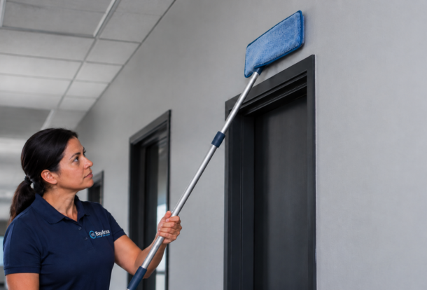 dry dusting a flat painted wall with a microfiber duster before any liquid