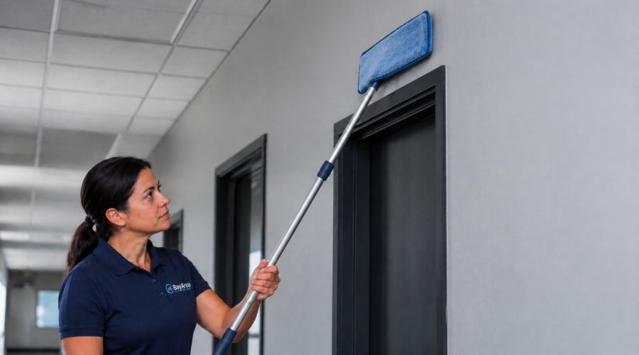 dry dusting a flat painted wall with a microfiber duster before any liquid
