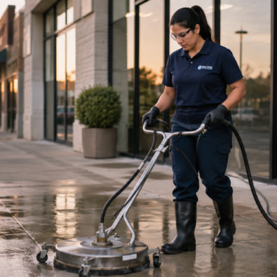 Female Bay Area Cleaners technician using a rotary surface cleaner to pressure wash a retail storefront sidewalk at dawn.