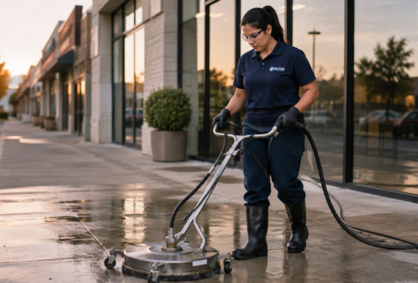 Female Bay Area Cleaners technician using a rotary surface cleaner to pressure wash a retail storefront sidewalk at dawn.