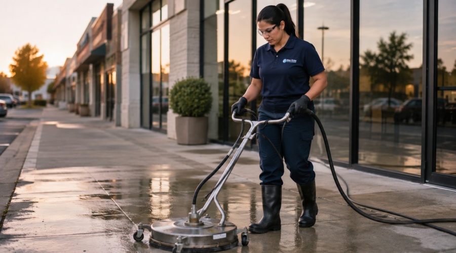Female Bay Area Cleaners technician using a rotary surface cleaner to pressure wash a retail storefront sidewalk at dawn.