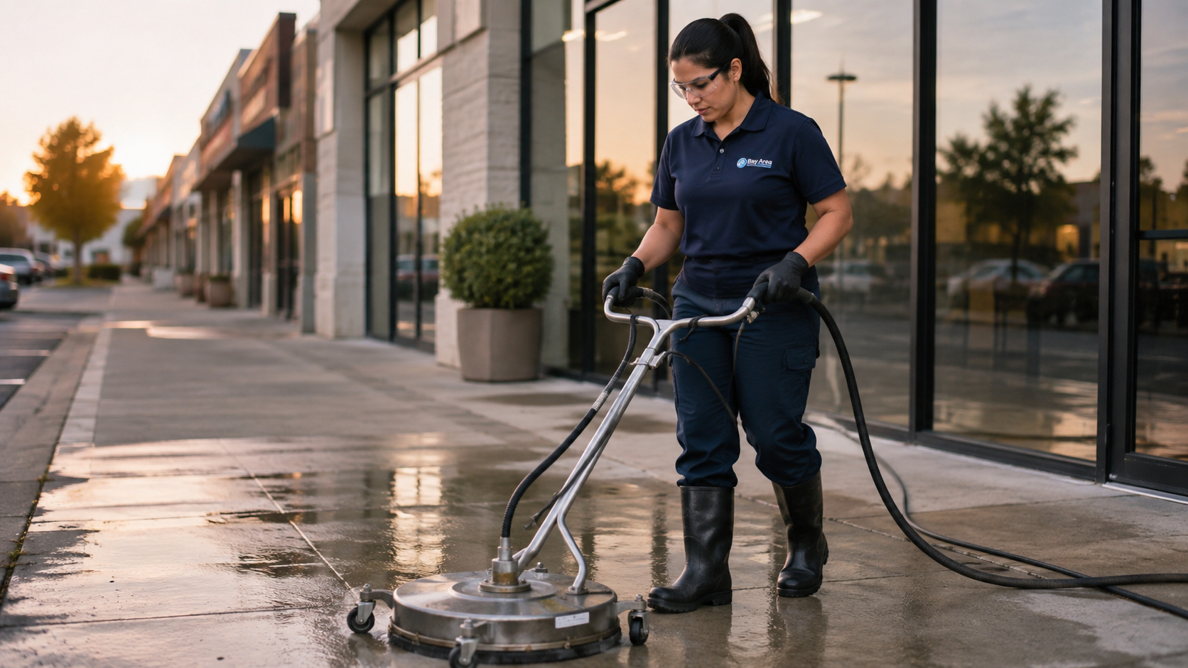 Female Bay Area Cleaners technician using a rotary surface cleaner to pressure wash a retail storefront sidewalk at dawn.