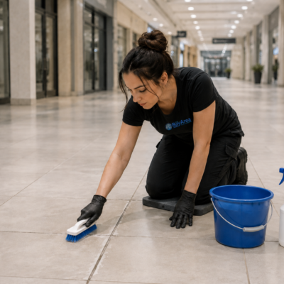 Professional cleaner scrubbing grout lines on a commercial tile floor