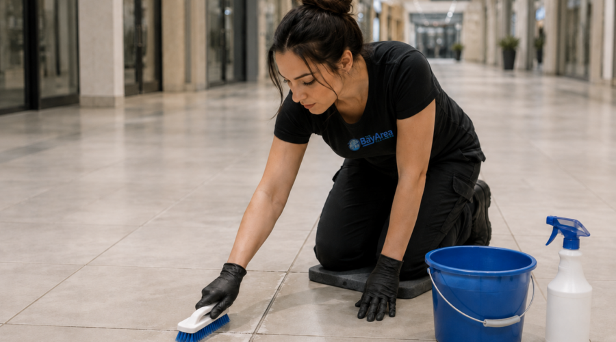 Professional cleaner scrubbing grout lines on a commercial tile floor