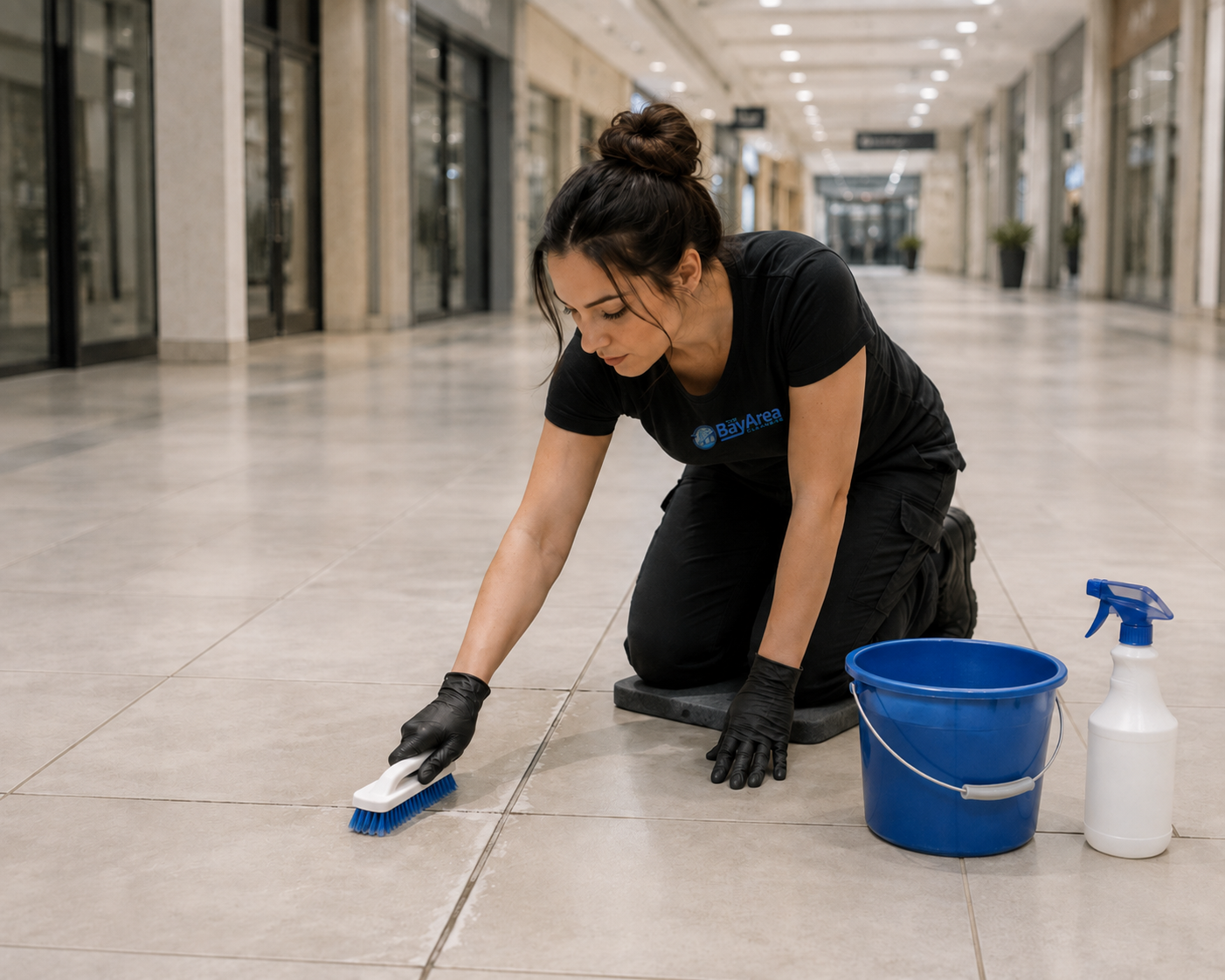 Professional cleaner scrubbing grout lines on a commercial tile floor