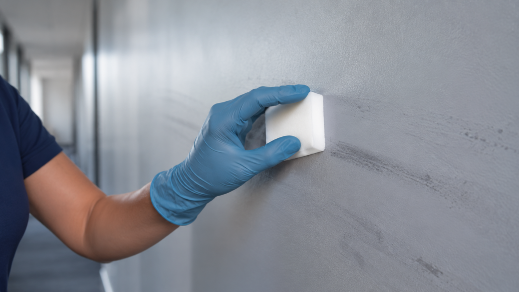 How to Clean Walls: The Paint Finish Decides Everything 2 removing a scuff mark from a painted wall with a dry melamine sponge