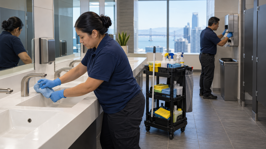 Commercial Restroom Cleaning: The One Room That Grades the Whole Building 2 Professional janitorial staff cleaning sinks and restroom fixtures with microfiber cloths and a cleaning cart inside a commercial office restroom in the San Francisco Bay Area.