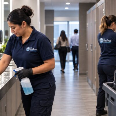 Professional commercial restroom cleaning crew servicing a busy office restroom, wiping sinks and restocking paper supplies.