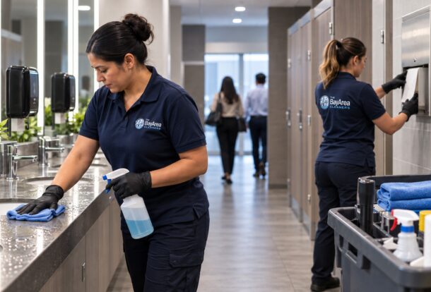 Professional commercial restroom cleaning crew servicing a busy office restroom, wiping sinks and restocking paper supplies.