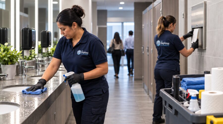 Professional commercial restroom cleaning crew servicing a busy office restroom, wiping sinks and restocking paper supplies.