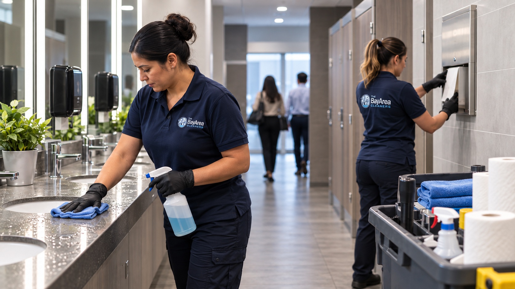 Professional commercial restroom cleaning crew servicing a busy office restroom, wiping sinks and restocking paper supplies.