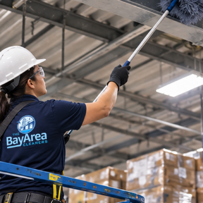 Female warehouse cleaning technician performing high dusting on overhead beams inside a commercial warehouse.