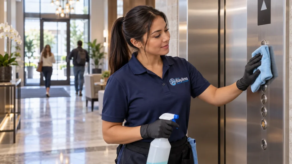 Apartment Building Cleaning Service: What Residents Do to a Building? 3 Bay Area Cleaners technician wiping and disinfecting elevator buttons in a modern commercial office lobby