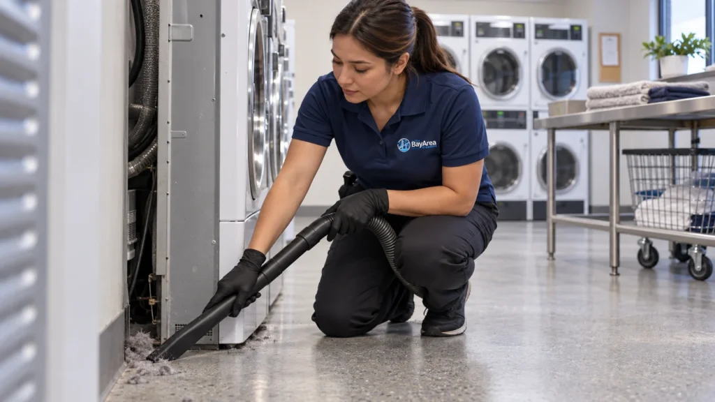 Apartment Building Cleaning Service: What Residents Do to a Building? 4 Apartment Building Cleaning Service technician removing lint around machines in a shared residential laundry room