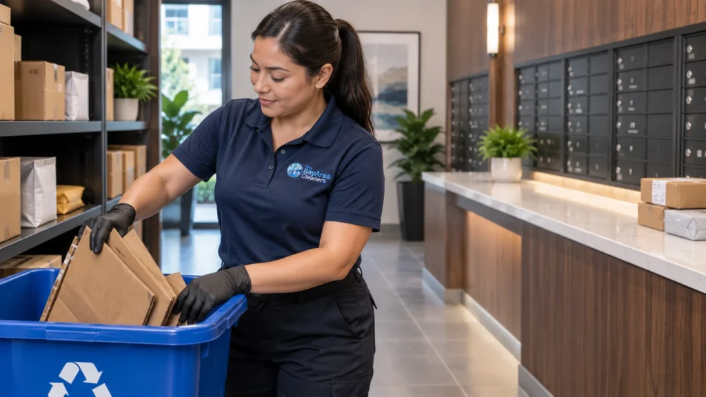 Apartment Building Cleaning Service: What Residents Do to a Building? 1 Apartment Building Cleaning Service technician clearing cardboard and maintaining a high traffic apartment mailroom
