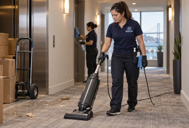 Apartment Building Cleaning Service technician cleaning hallway debris and wheel marks after a resident move