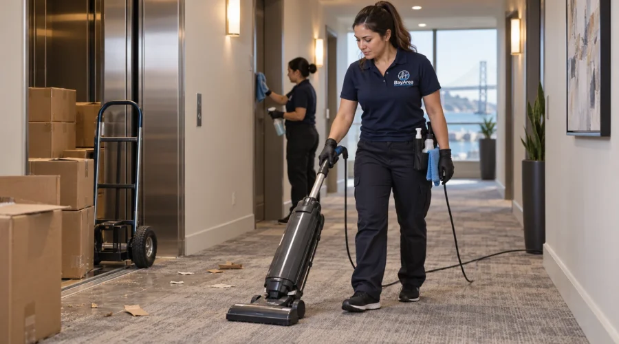Apartment Building Cleaning Service technician cleaning hallway debris and wheel marks after a resident move