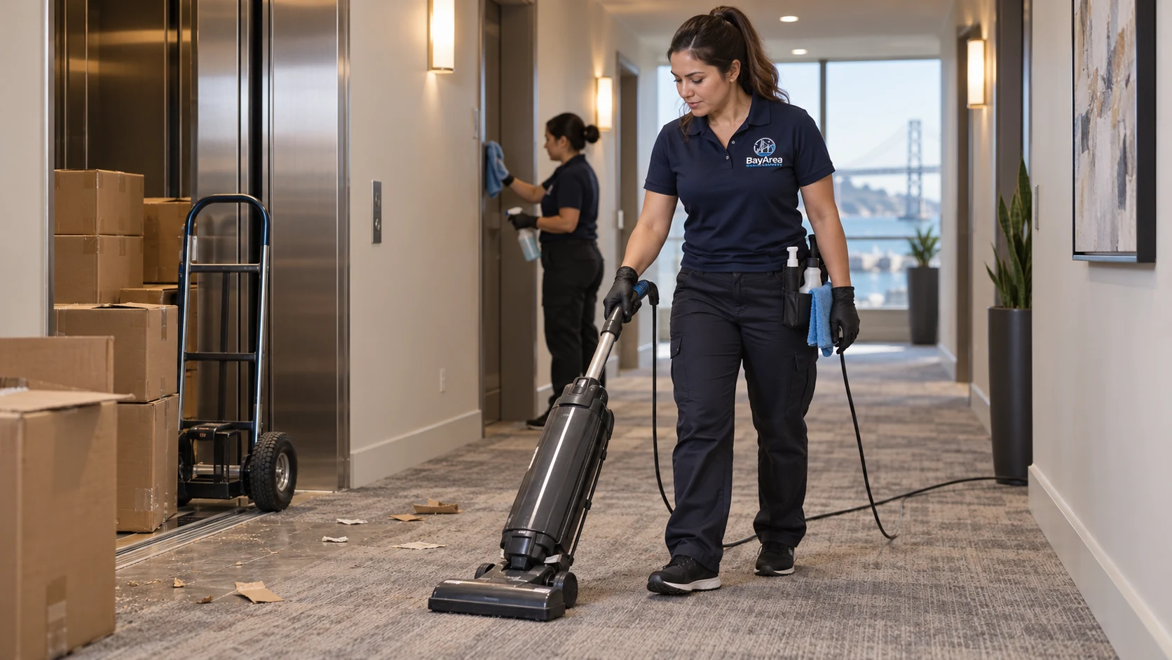 Apartment Building Cleaning Service technician cleaning hallway debris and wheel marks after a resident move