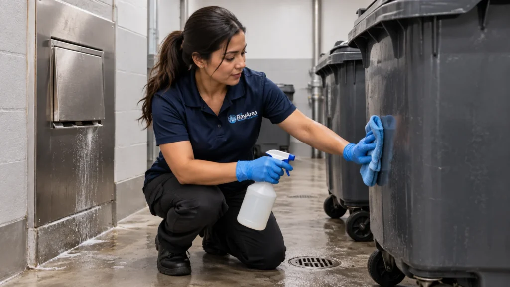 Apartment Building Cleaning Service: What Residents Do to a Building? 2 Apartment Building Cleaning Service technician cleaning bins and the chute area inside an apartment trash room