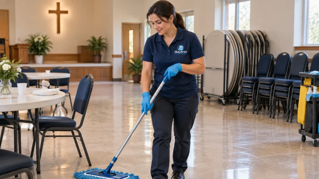 Bay Area Cleaners woman technician cleaning a fellowship hall floor as part of church cleaning services after an event. 