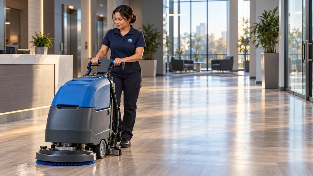 Why Mopping Leaves a Film, and How to Clean Vinyl Plank Floors Instead? 4 Facility manager lifting the corner of an entrance mat to check its backing on a vinyl plank floor