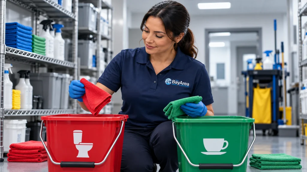 Cleaning technician comparing red restroom and green food-area buckets marked with symbols as backup cues for color coding.