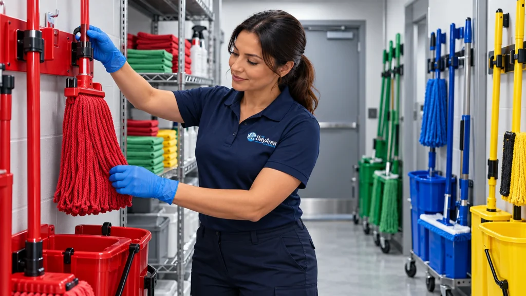 1. Two cleaning crew members reviewing a shared color legend for restrooms, general areas, kitchens and isolation zones.