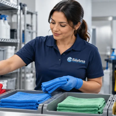 Cleaning technician sorting red, blue, green and yellow microfiber cloths in a color-coded janitorial supply area.