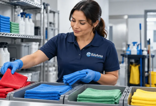 Cleaning technician sorting red, blue, green and yellow microfiber cloths in a color-coded janitorial supply area.