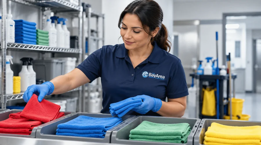 Cleaning technician sorting red, blue, green and yellow microfiber cloths in a color-coded janitorial supply area.