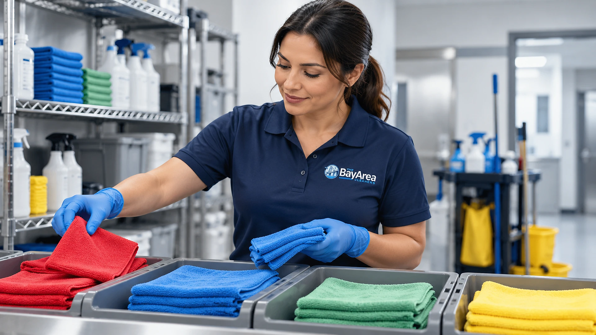 Cleaning technician sorting red, blue, green and yellow microfiber cloths in a color-coded janitorial supply area.