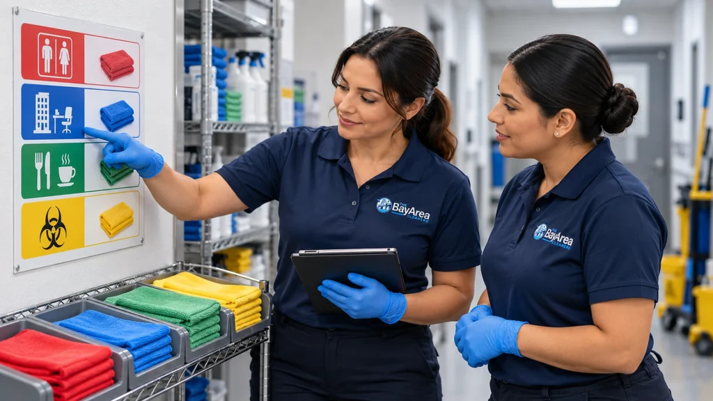 1. Two cleaning crew members reviewing a shared color legend for restrooms, general areas, kitchens and isolation zones.