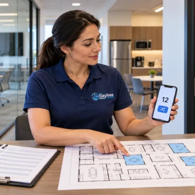 Cleaning supervisor using a floor plan and random draw on a smartphone to choose office rooms for a weekly inspection sample.