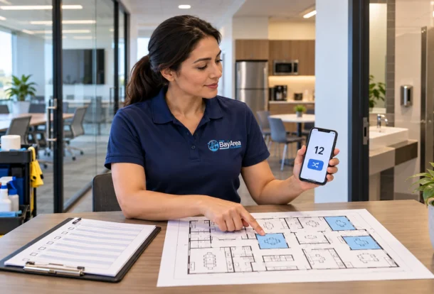 Cleaning supervisor using a floor plan and random draw on a smartphone to choose office rooms for a weekly inspection sample.