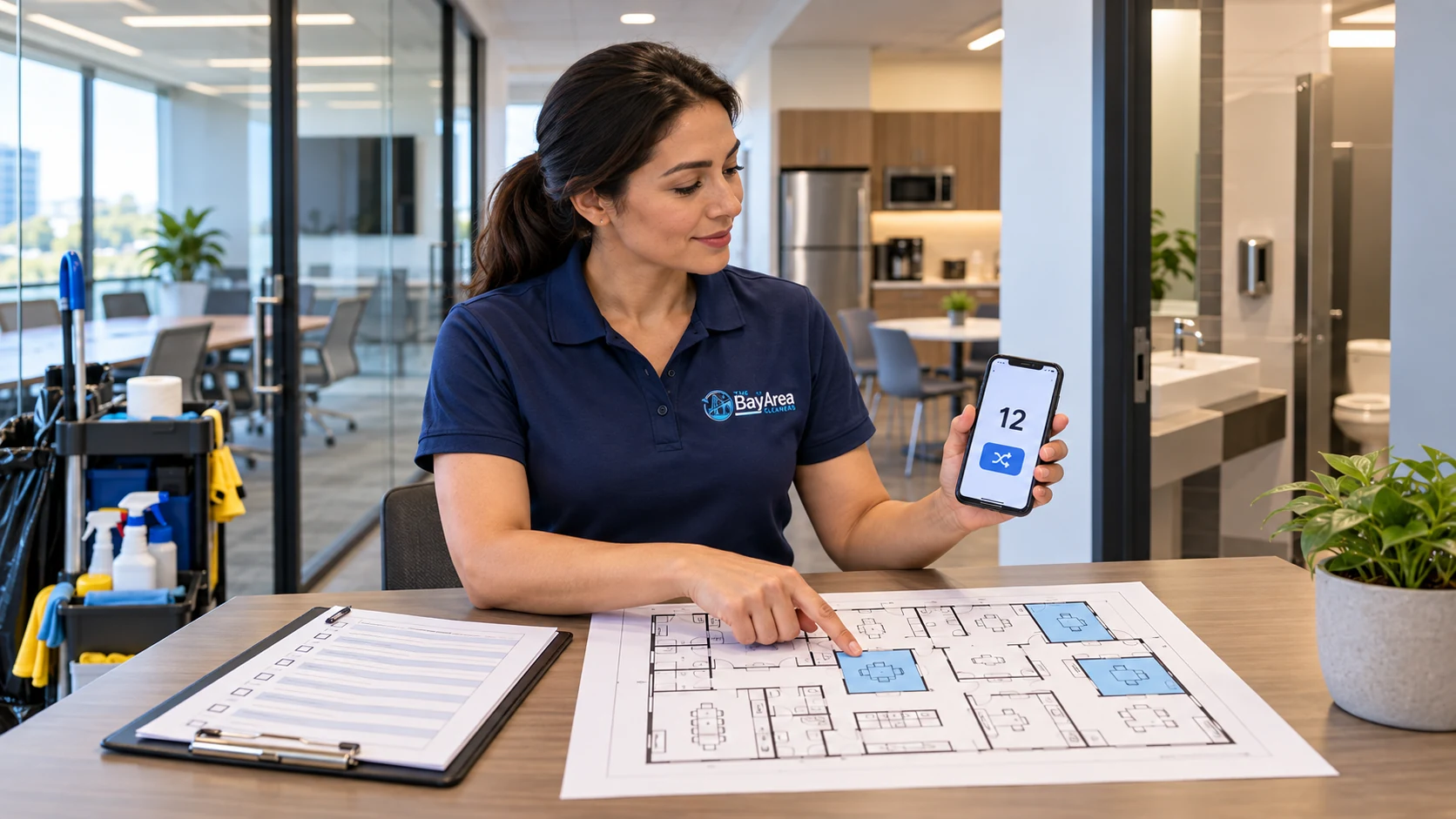 Cleaning supervisor using a floor plan and random draw on a smartphone to choose office rooms for a weekly inspection sample.