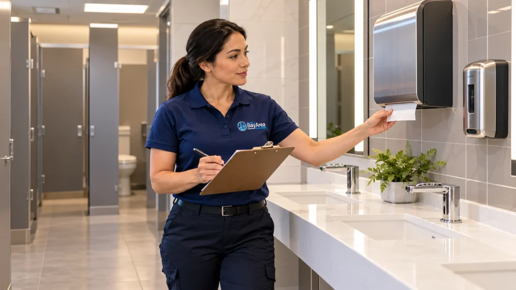 Janitorial inspector rechecking paper towel and soap dispensers in a restroom with a commercial cleaning checklist.