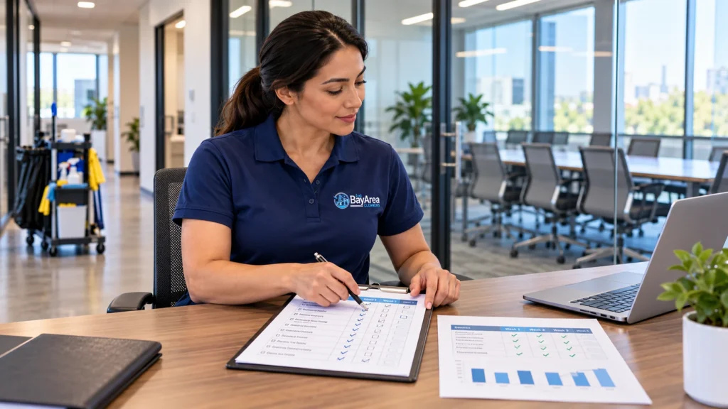 Facility manager reviewing a commercial cleaning checklist and weekly score sheet during office cleaning quality tracking.