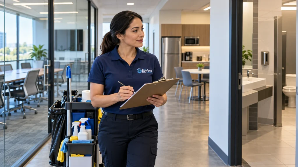 Facility manager using a commercial cleaning checklist during a weekly office inspection near a conference room, breakroom and restroom.