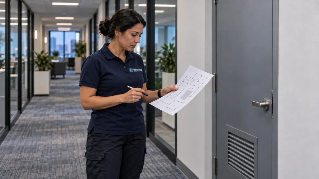 Checking a floor plan against a mechanical room door to set commercial cleaning cost per square foot