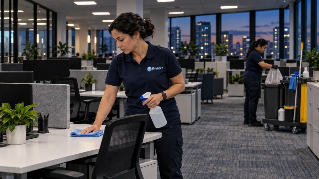 Two cleaners working opposite ends of an office floor during an evening shift