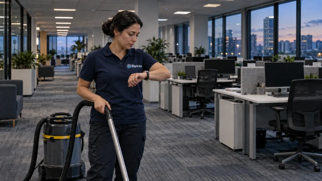 Cleaning crew lead checking her watch in an empty open-plan office, the labor behind commercial office cleaning cost